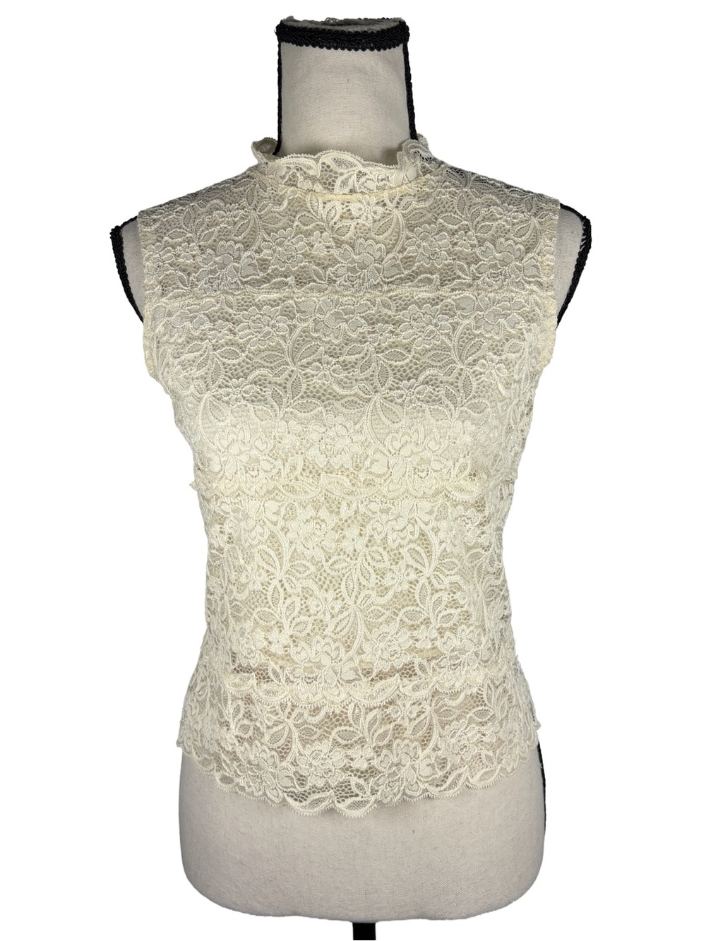 Pretika Lace Mock Neck Sleeveless Top – Cream Floral Lace Y2K Romantic Blouse - Picture 2 of 13